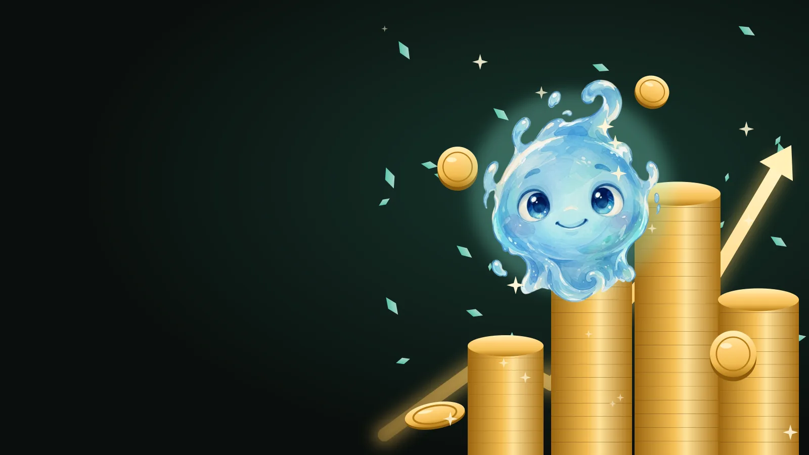 The Cuilby water-drop mascot rising over stacks of gold coins