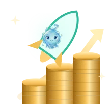 A Cuilby coin riding a rocket over a rising chart