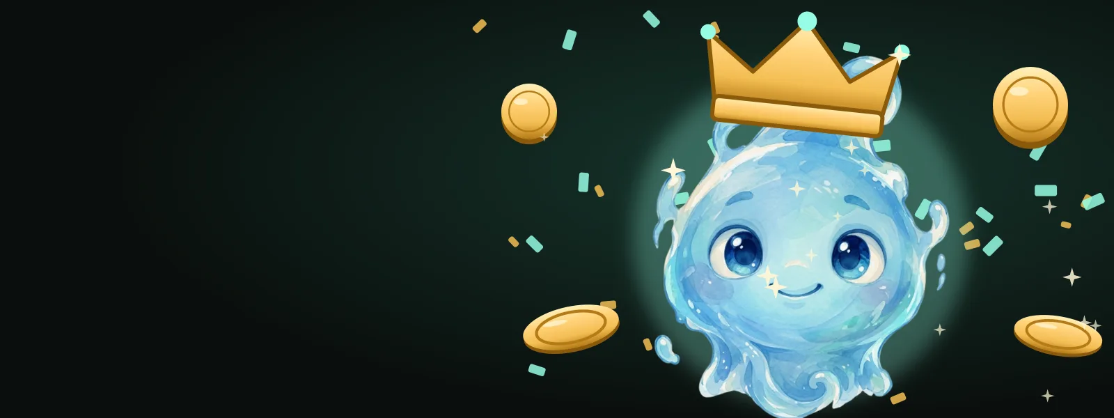 A glass Cuilby coin wearing a gold crown among falling confetti and coins